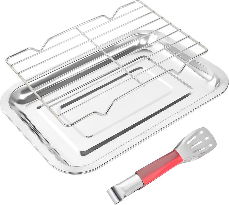 Bakplaat met koelen rooster en keukentangen Ovenplaat en bakzeef set voor bakken braden en serveren (27 x 20 x 2 cm)