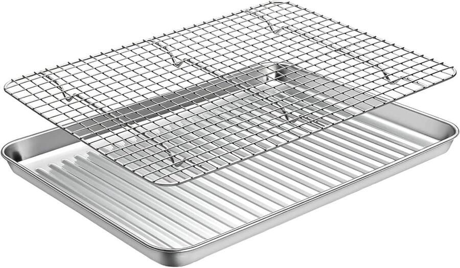 Bakplaat met rek Ovenpan serveerschaal Bakken en braden Antiaanbak roestvrij staal 440x320mm Zilver