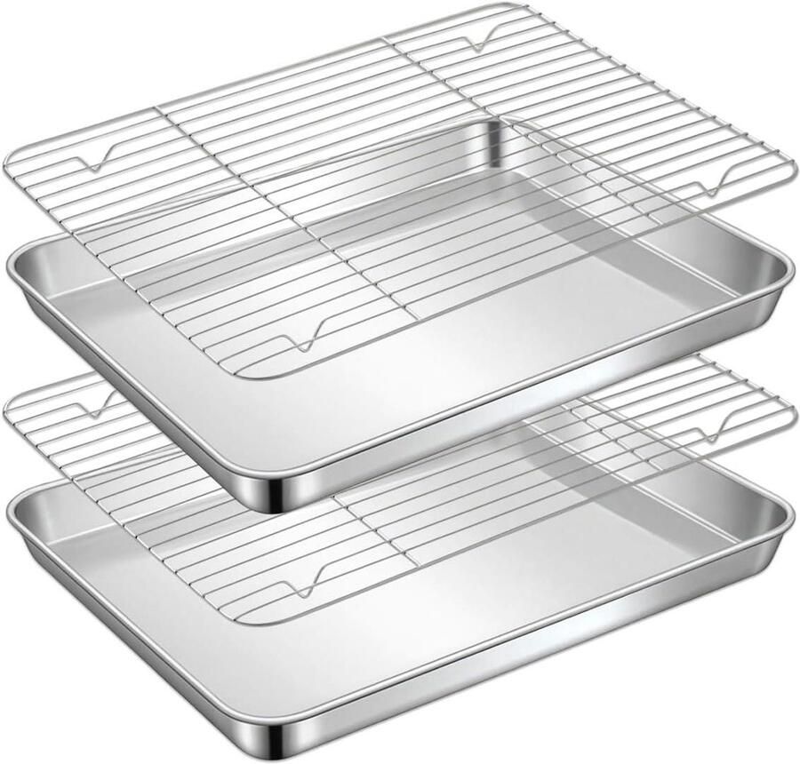 Bakplaat met Rooster Ovenplaat Set Bakken en Grillen Voedselveilig Roestvrij Staal 23.5 x 17.5 cm Zilver