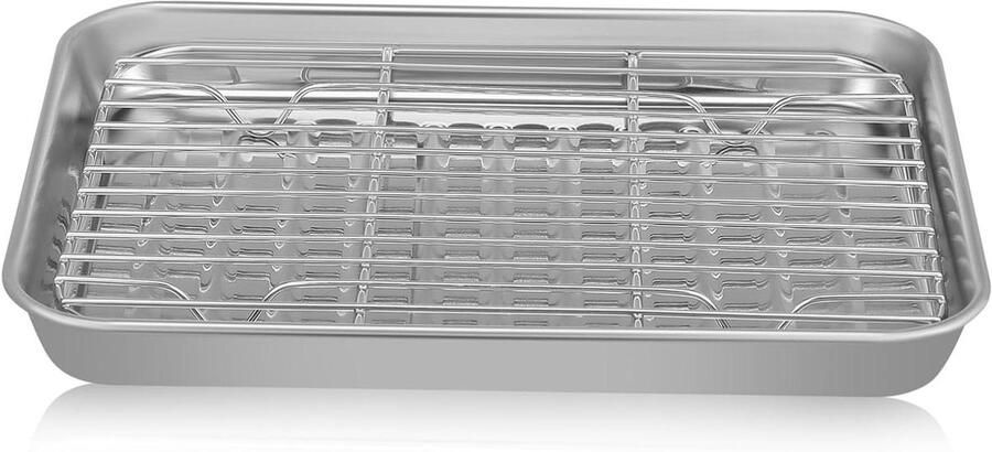 Bakplaat Met Rooster Ovenschaal Braadpan Bakken En Braden Antiaanbaklaag 23.5x17.6x2.5cm Zilver