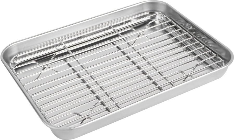 Bakplaat met Rooster Ovenschaal Set Bakken en Afkoelen Roestvrij Staal 23.5x17.8x2.5cm Zilver