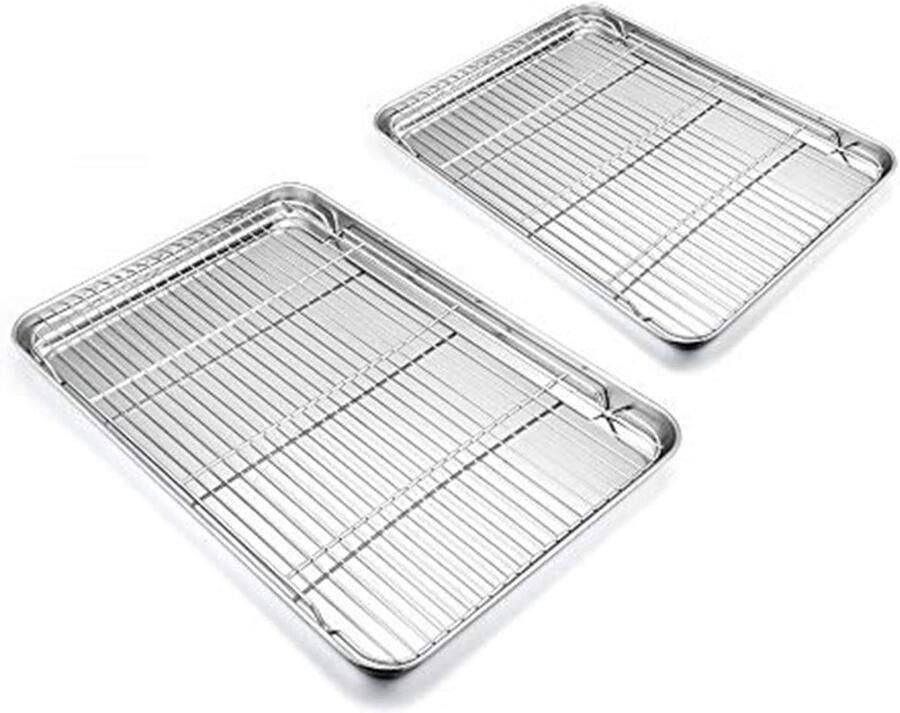 Bakplaat met taartrooster roestvrijstalen ovenplaat koelrek rechthoekig om te bakken koelen set van 4 （2 taartrooster + 2 grillrekken）- Gezond & niet-giftig gemakkelijk schoon te maken＆ Vaatwasmachinebestendig