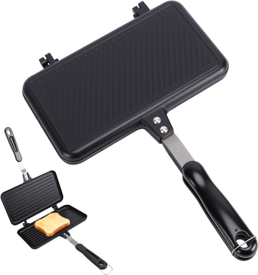 Bakplaat Multifunctioneel Dubbelzijdig Grillen Sandwiches Brood Maken Ergonomisch Handvat 24 x 13.5 cm Zwart