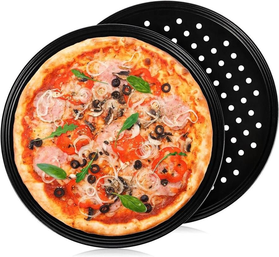 Bakplaat Pizzapan Ronde Bakvorm Zelf Pizza Bakken Antiaanbaklaag 32 cm Diameter Zwart