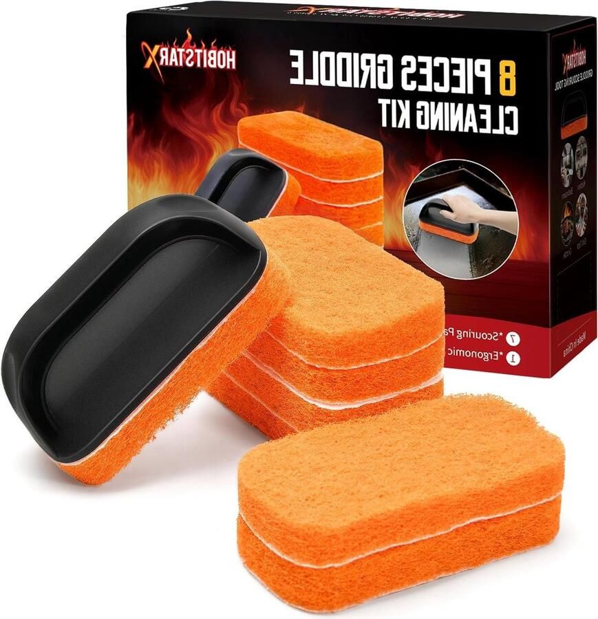 Bakplaat Reinigingsset Grill Schoonmaker Grill Onderhoud Niet-kras Schuursponsjes 7 Pads 1 Handvat Oranje