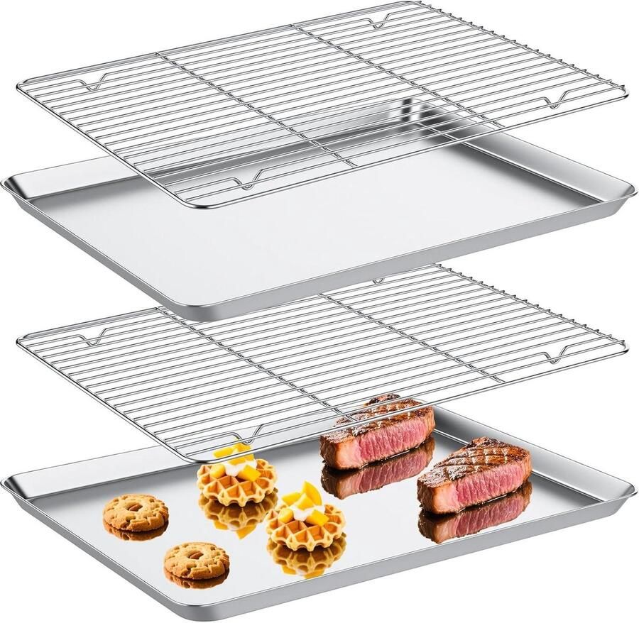 Bakplaat Set Oven Platen Bakken en Koelen Met Rooster 40 x 30 cm Zilver