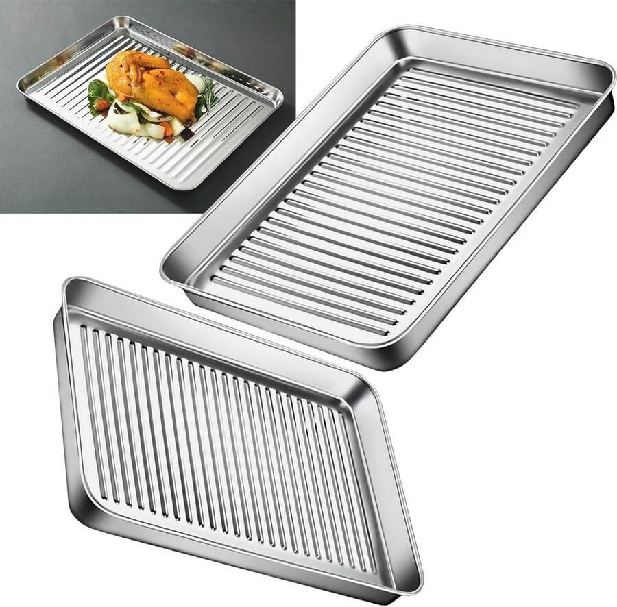Bakplaat Set Ovenschaal Rechthoekig Bakken en Braden Roestvrij Staal 24x18cm Zilverkleurig