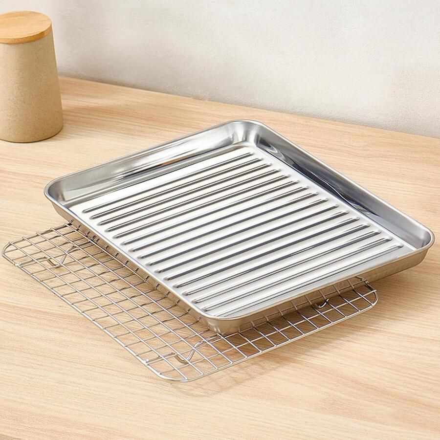 Bakplaat Set Rooster en Ovenvorm Bakken en Braden Met Koelelement 27x21 cm Zilverkleurig