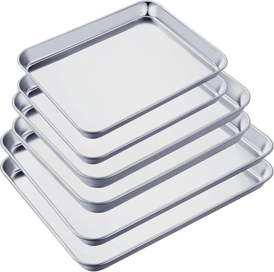 Bakplaat Set van 6 roestvrijstalen bakplaten bakvormen set 9 10 12 inch bakvormen broodrooster ovenpan gemakkelijk schoon te maken en vaatwasmachinebestendig zilver
