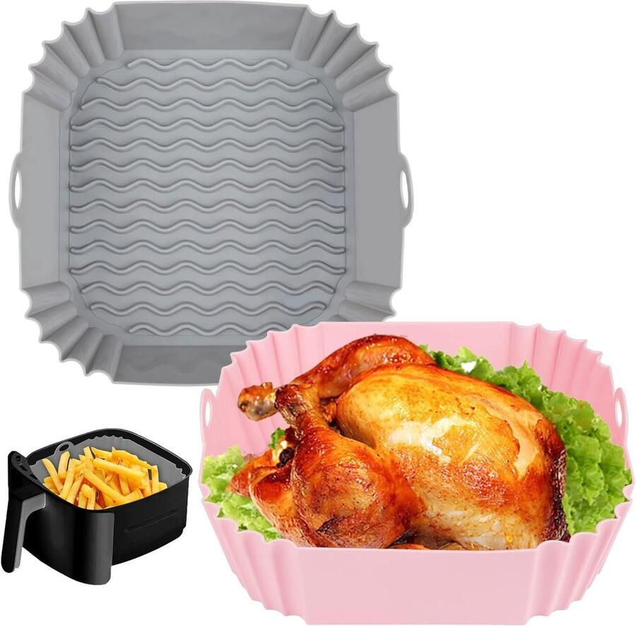 Bakplaat voor airfryer vierkante siliconen bakmat voor airfryer herbruikbaar accessoire voor airfryer BPA-vrij 2 stuks grijs + roze