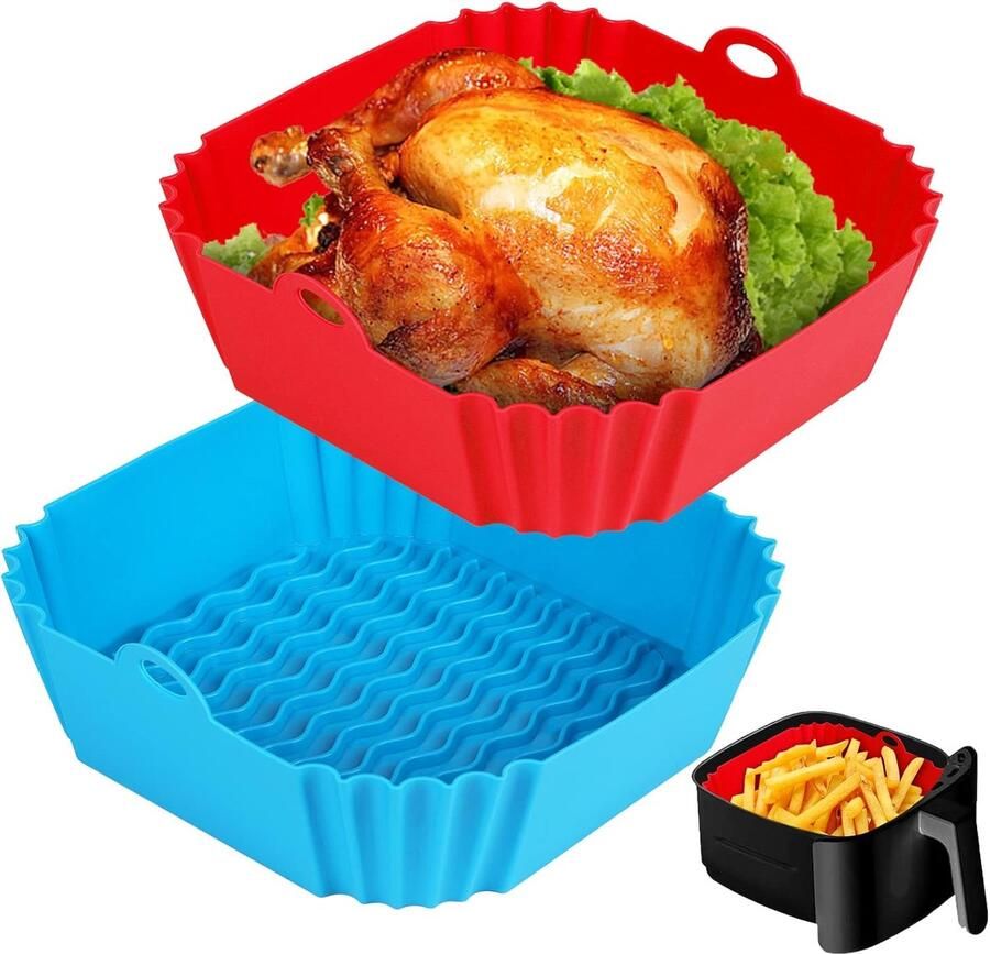 Bakplaat voor de airfryer vierkante siliconen bakmat voor de airfryer herbruikbaar airfryer accessoires 2 stuks rood + blauw