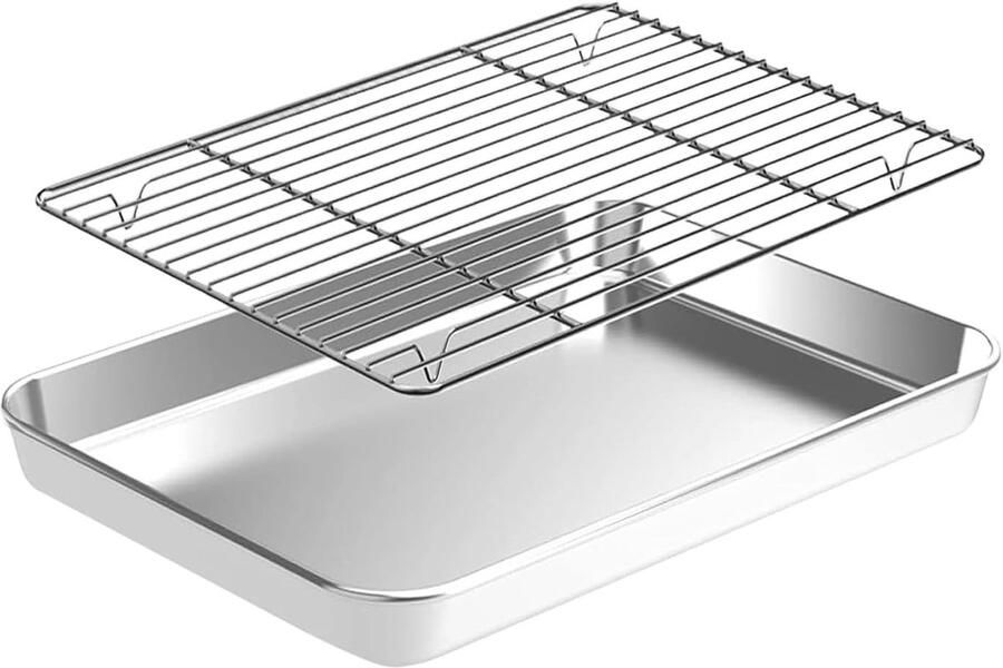 Bakplaten Set Oven RVS Pannen Keuken Koken BBQ Vierkant Anti-aanbak Maat L Zilver
