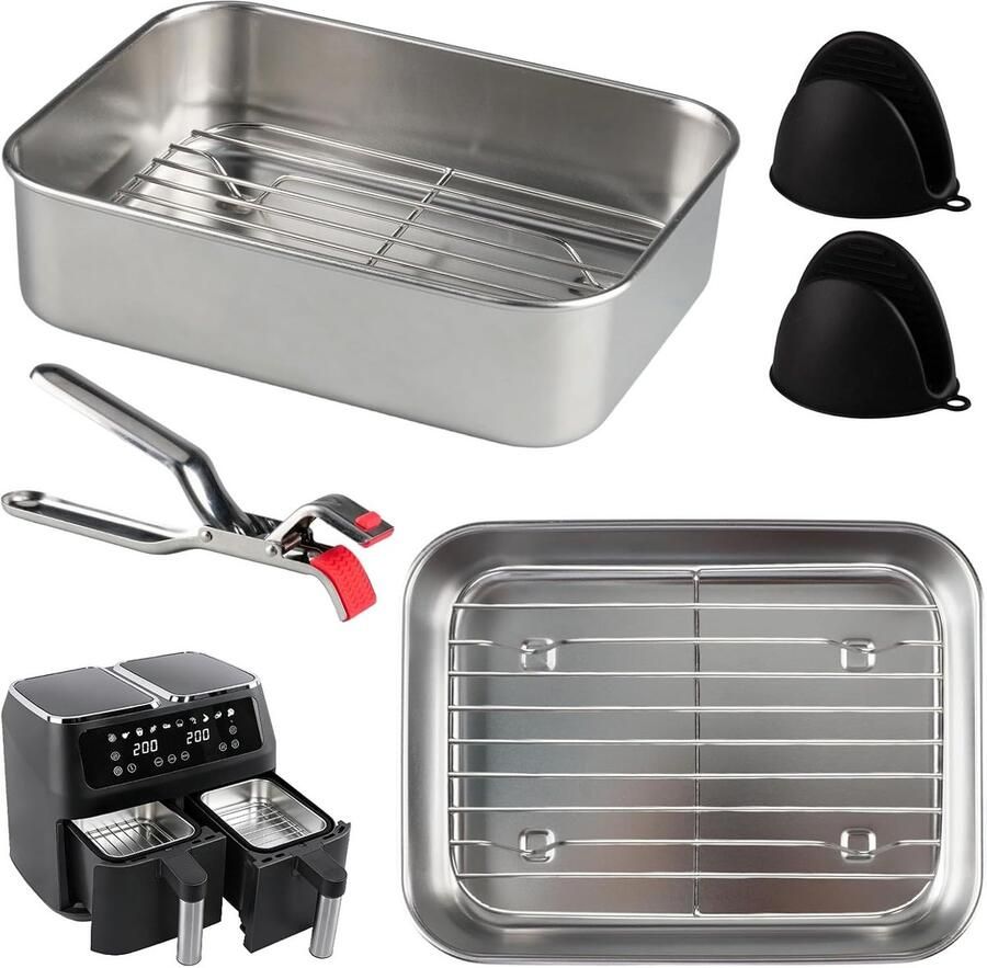 Bakvormen Set voor Dubbele Stapel Airfryer met 2 Niveaus RVS Inclusief Grijper en Silicone Handschoenen voor Ovengebruik
