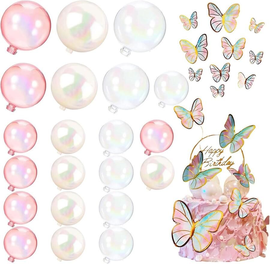 Ballen 24 stuks taartdecoratie verjaardagsballen cupcake-topper kleurrijke transparante bal + 10 stuks vlinders taartdecoraties + 1 stuk ronde verjaardagskaart voor doe-het-zelf