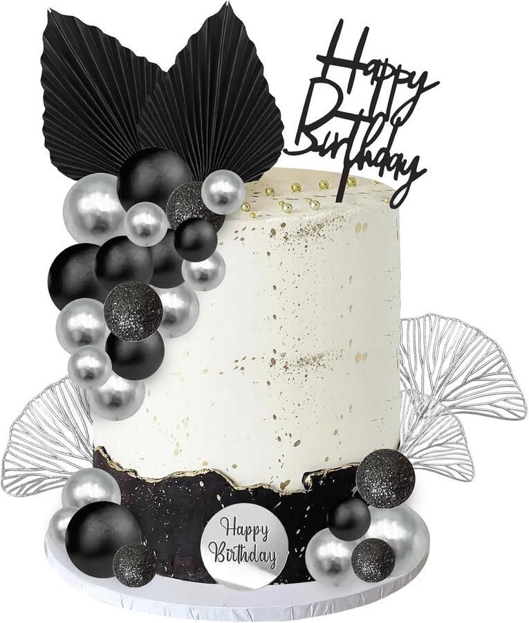 Ballen 30 stuks taartdecoratie zwart zilver taartdecoratie zilver taartdecoratie Happy Birthday taarttopper zwart voor verjaardag bruiloft jubileum