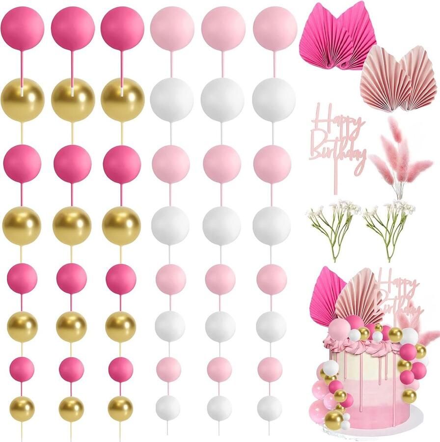 Ballen 60 stuks roze taartdecoratie verjaardag Happy Birthday taarttopper bruiloft palmbladeren taartdecoratie voor verjaardag feest bruiloft babyshower taartdecoratie