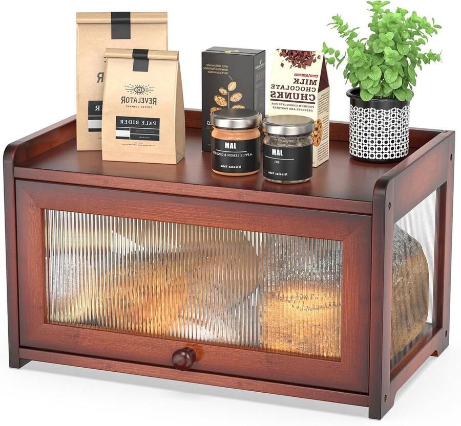 BAMBANG Bamboe brooddoos voor keuken aanrecht grote capaciteit broodopslagcontainer boerderij brooddoos met 3 zijden golvend en achterkant doorzichtig venster broodbakbakhouder voor zelfgemaakt