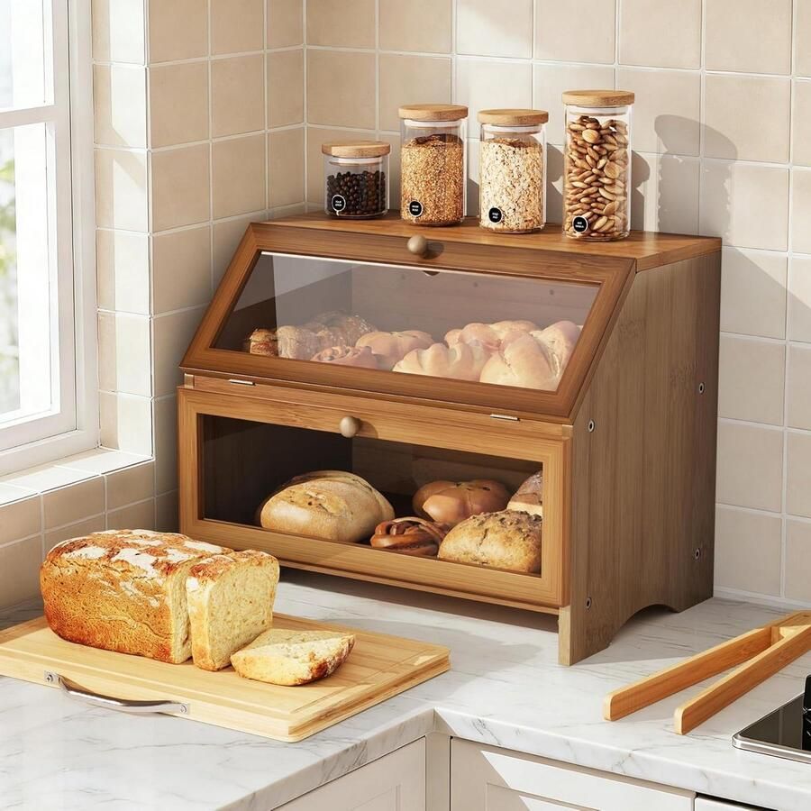 Bamboe Broodbak Dubbeldekker Doos Brood Vers Houden Met Snijplank 39 cm Breed Bruin