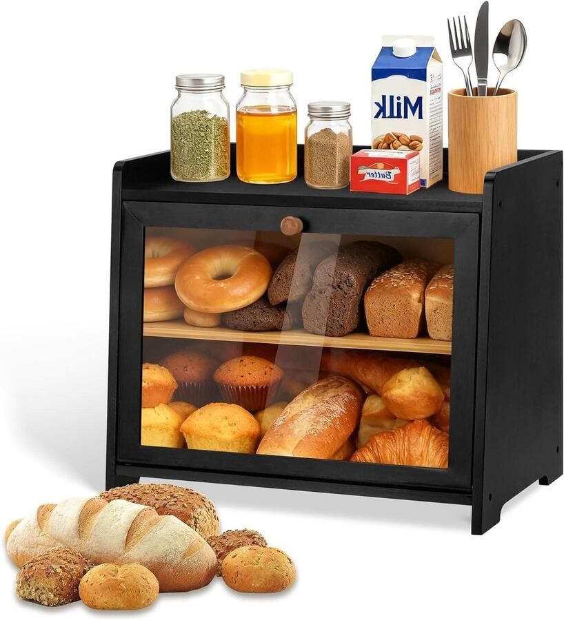 Bamboe broodtrommel Dubbele laag Brood vers houden Met kijkvenster 415 cm Zwart