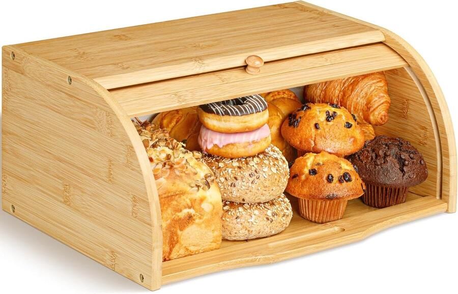 Bamboe Broodtrommel Houten Voedselbewaarder Vers Brood Bewaren Roldesksel Ontwerp 405 x 274 x 18 cm Bamboe