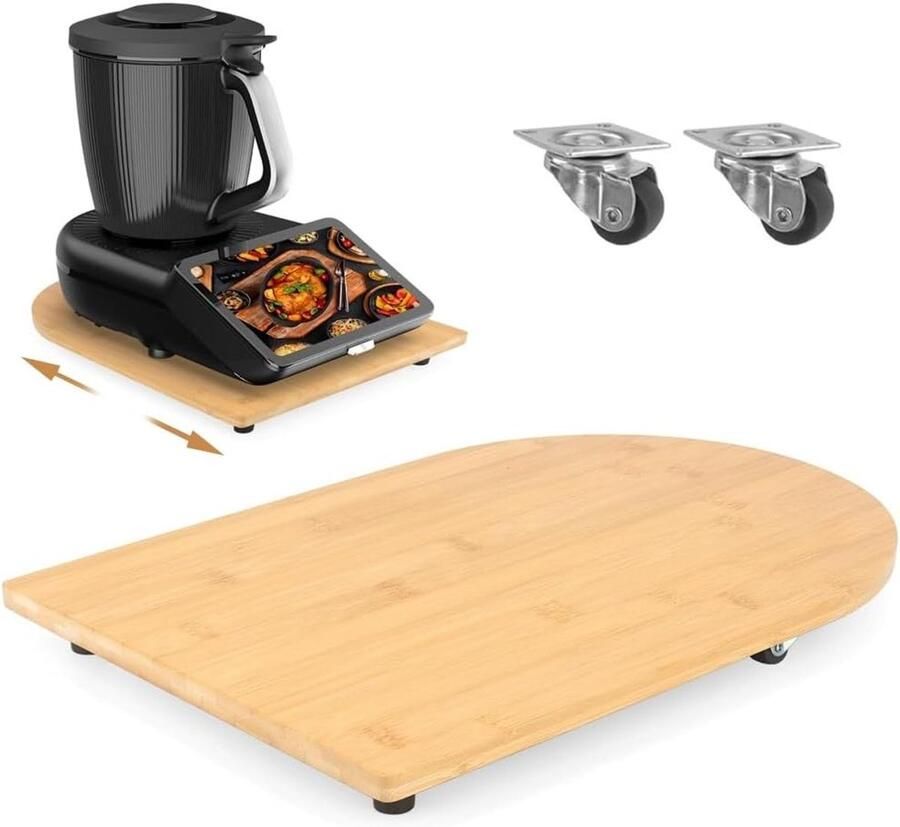 Glijplank van Bamboe voor Keukenmachines – 360° Wielen Antislip Voetjes Krassen Bescherming Ideaal voor Thermomix en Andere Apparaten