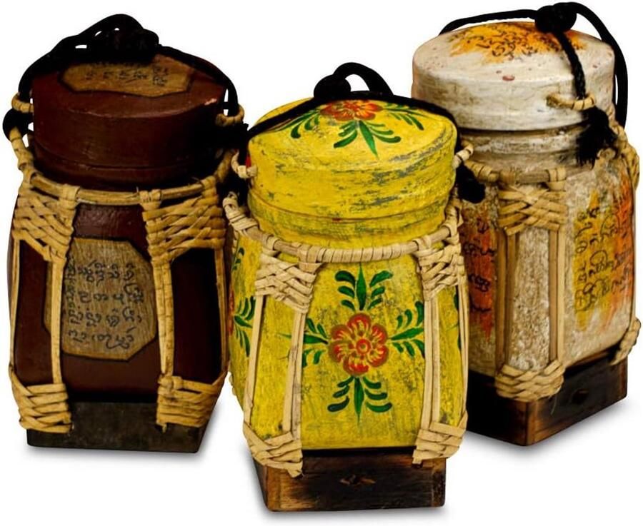 Bamboe Rijstmand Voorraadcontainer Keuken Opbergen Handversierd Uniek 18 cm Meerdere Opties