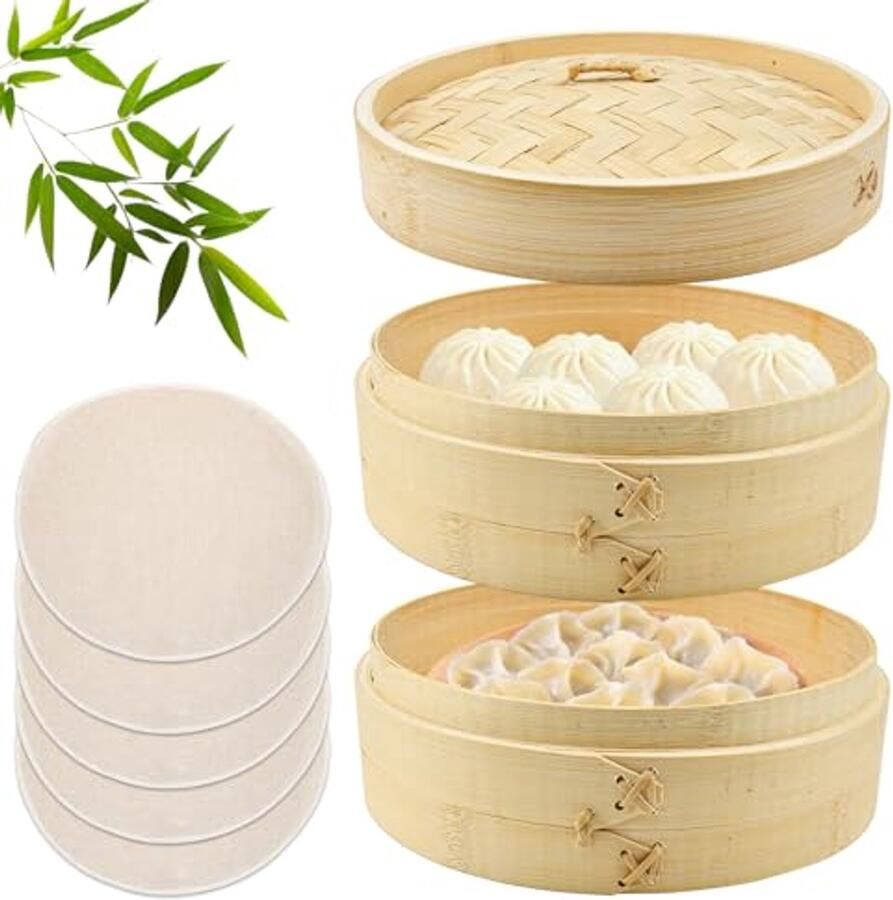 Bamboe Stomer 20 cm Tweelaagse Voedselstoommand met Deksel en 2 Manden voor Groenten