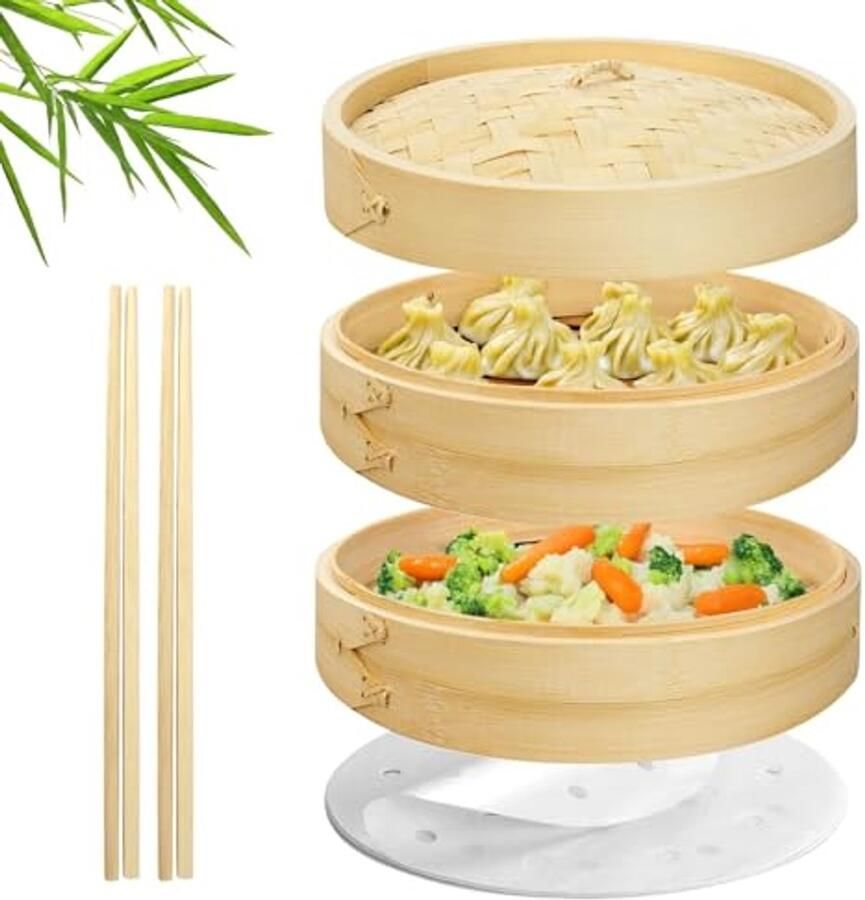 Bamboe Stomer Mand Set met Steamer Liners en Eetstokjes – Chinese Stomer voor Gezond Koken