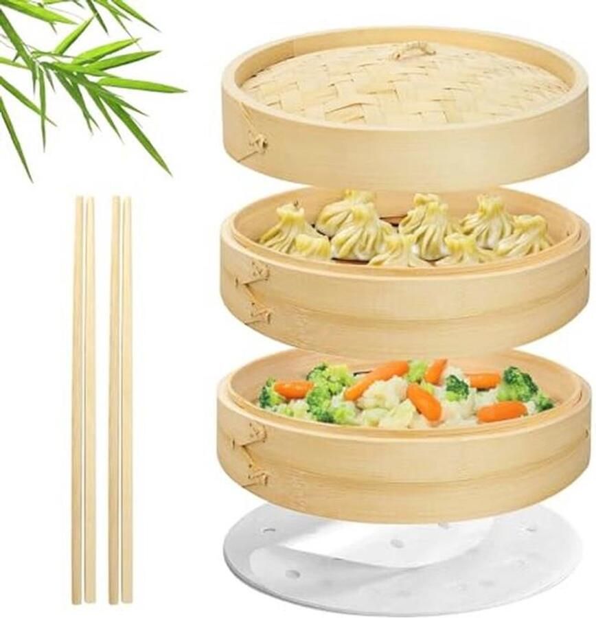 Bamboe Stomer Mand Set met Steamer Liners en Eetstokjes – Chinese Stomer voor Gezond Koken