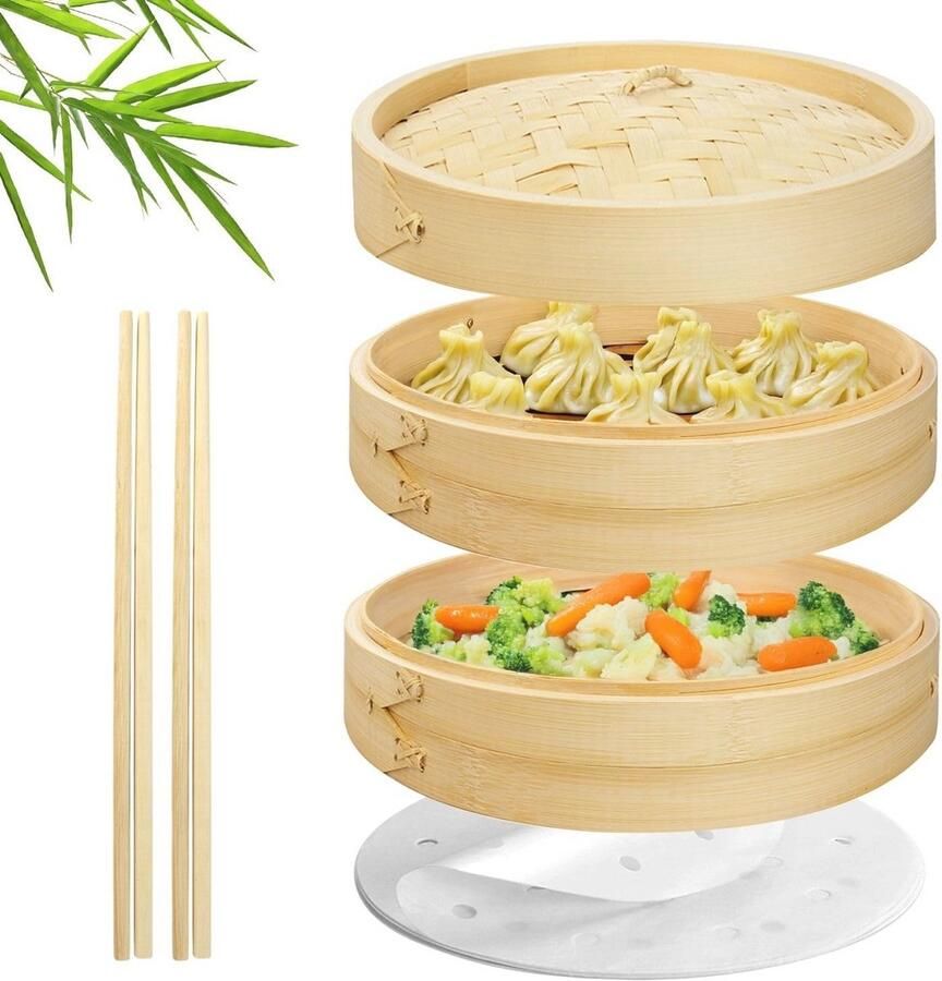 Bamboe Stomer Mand Set met Steamer Liners en Eetstokjes – Chinese Stomer voor Gezond Koken