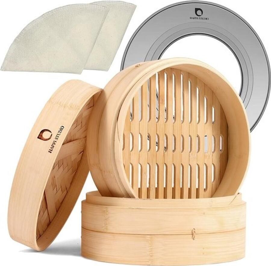 Bamboe Stoomboot Mand met RVS Stoomring Set 2-Tier Dumpling Steamer voor Dim Sum en Bao Bun
