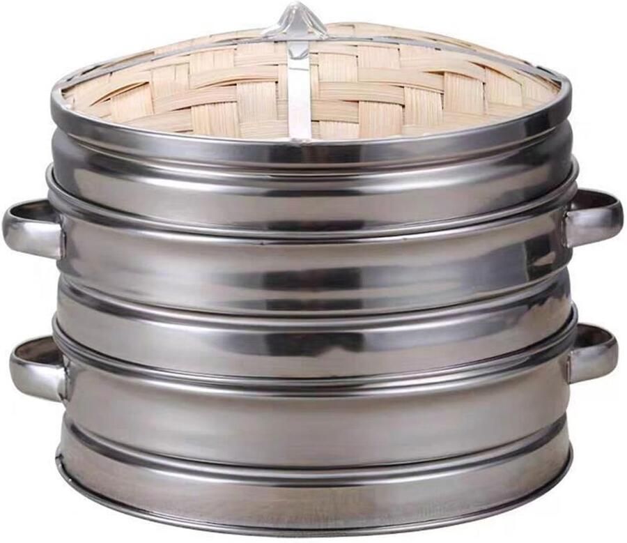 Bamboe Stoommand Rijstkoker Mand Gezond Koken Natuurlijk Bamboe Materiaal 2 Niveaus Zilver