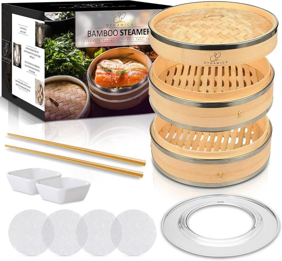 Bamboe Stoommand Set Gezond Koken Dubbel Laags Ontwerp 25.4 cm Natuurlijk Bamboe