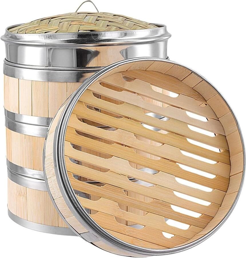 Bamboe Stoommand Set Gezond Koken Stapelbaar Ontwerp 20cm Diameter Houtkleur