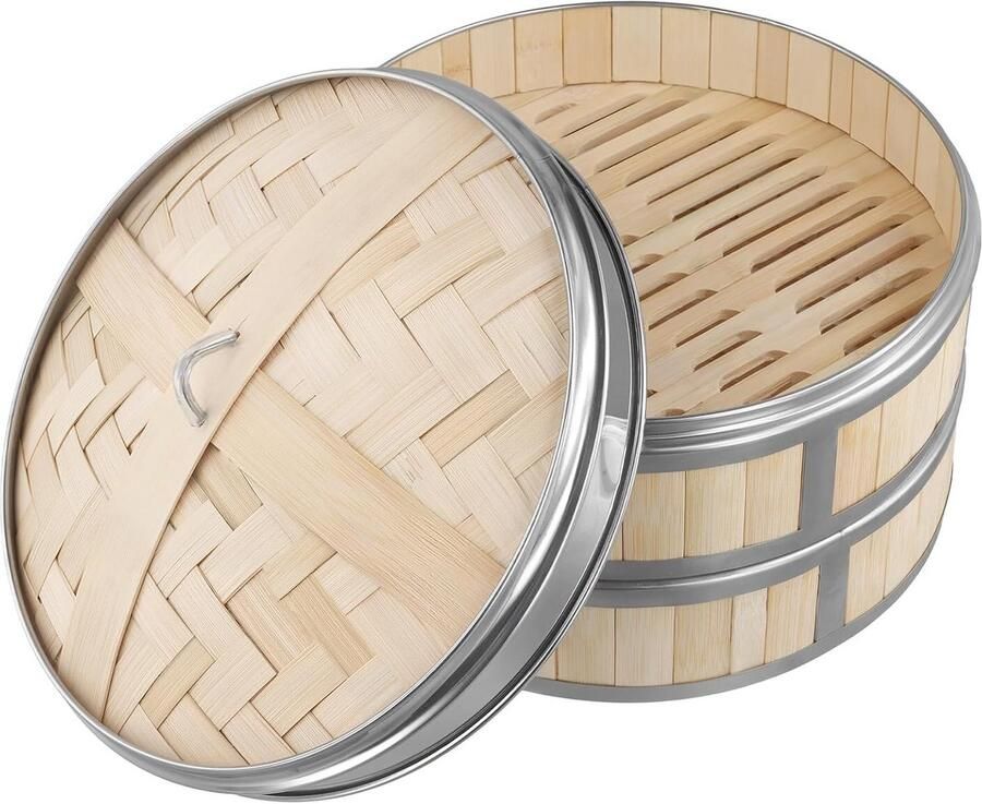 Bamboe Stoommand Set Gezond Koken Twee Niveaus 26 cm Diameter Natuurlijk Hout