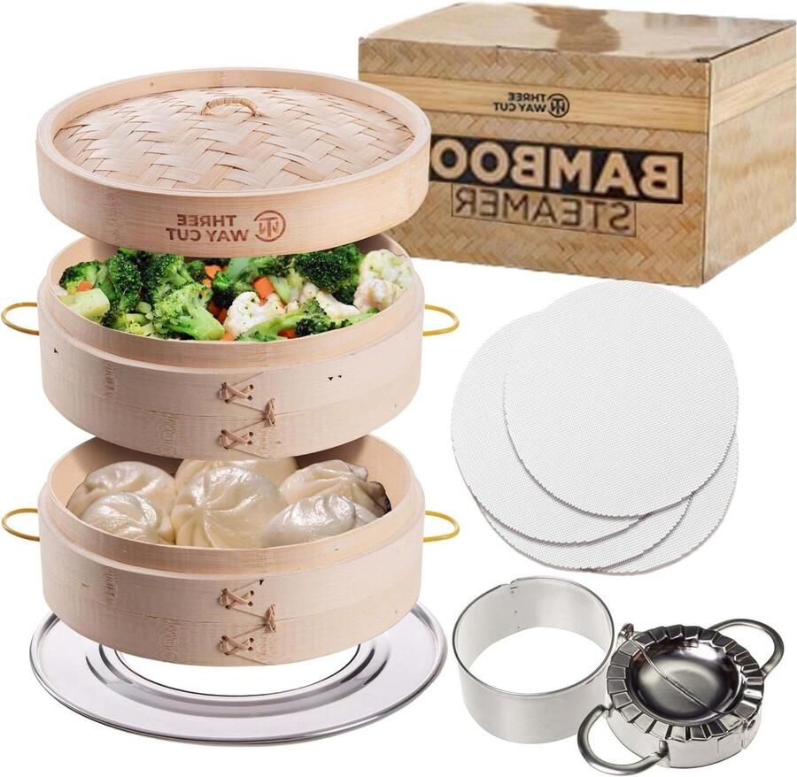 Bamboe Stoommand Stoomoven Manden Aziatisch Koken Twee Lagen 25 cm Natuurlijk