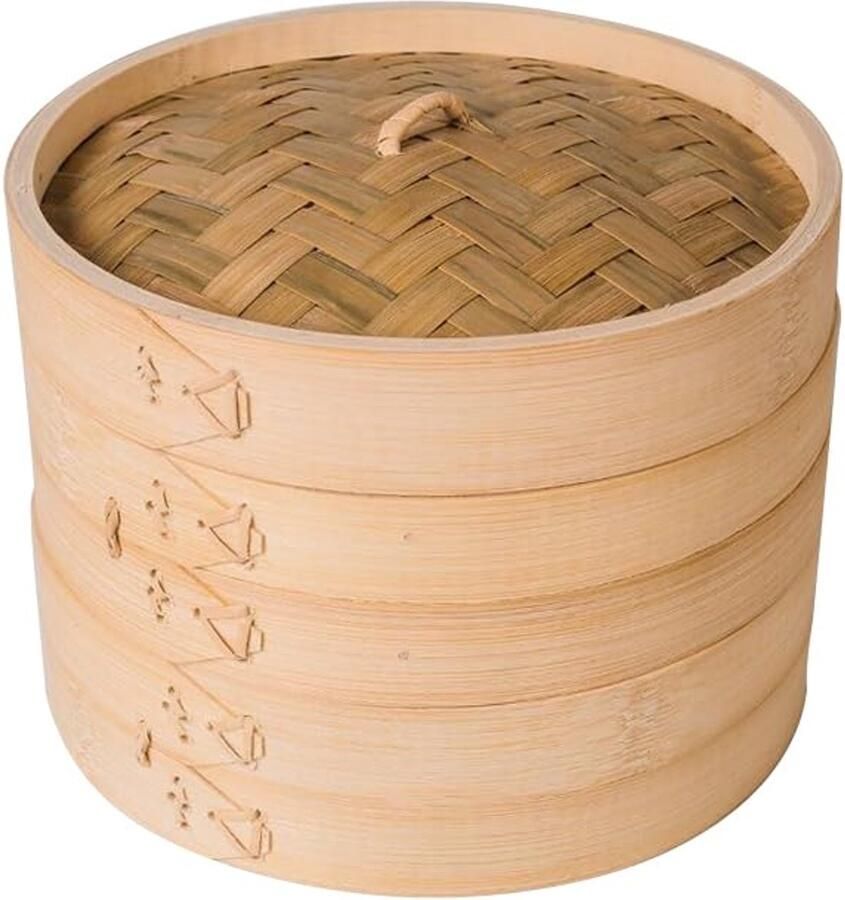 Bamboe Stoommand voor Dim Sum en Groenten 18 cm Inclusief Deksel en 2 Mandjes