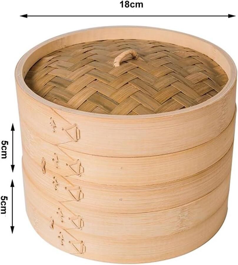 Bamboe Stoommand voor Dim Sum en Groenten 18 cm Inclusief Deksel en 2 Mandjes