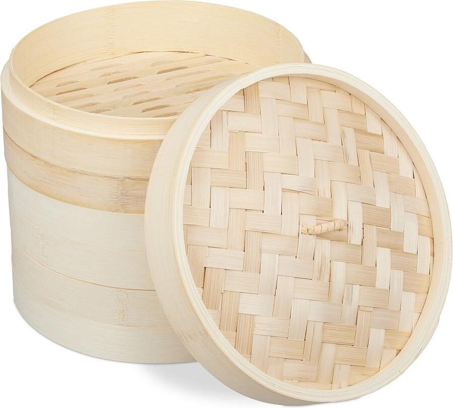 Bamboe Stoommandje Groentestomer Rijstkoker Aziatisch Koken Gezond Drie Lagen Stapelbaar 24 cm Diameter Naturel Hout