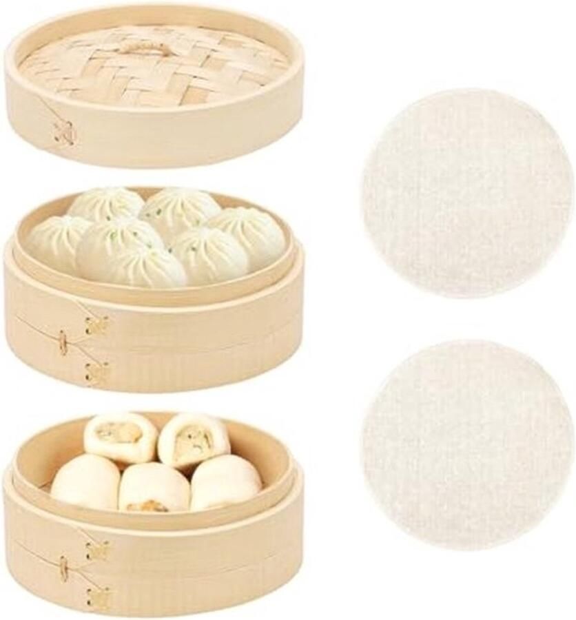 Bamboe Stoompan 2 Etages Stoommand voor Dim Sum Vegetarisch en Vleesgerechten 15 cm