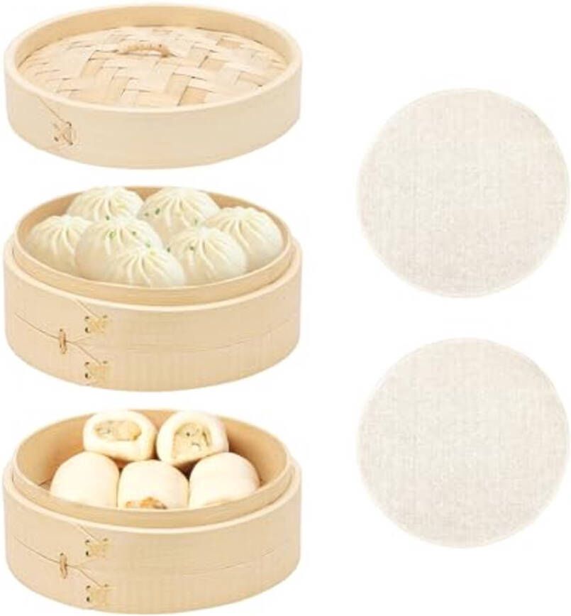 Bamboe Stoompan Aziatische Stoommand met 2 Etages Ideaal voor Knoedels Rijst Dim Sum Groenten en Vlees 20 cm