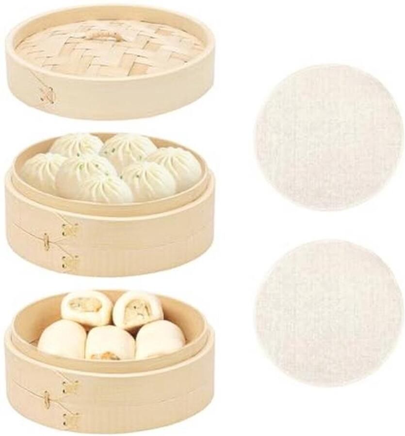 Bamboe Stoompan Aziatische Stoommand met 2 Etages Ideaal voor Knoedels Rijst Dim Sum Groenten en Vlees 20 cm