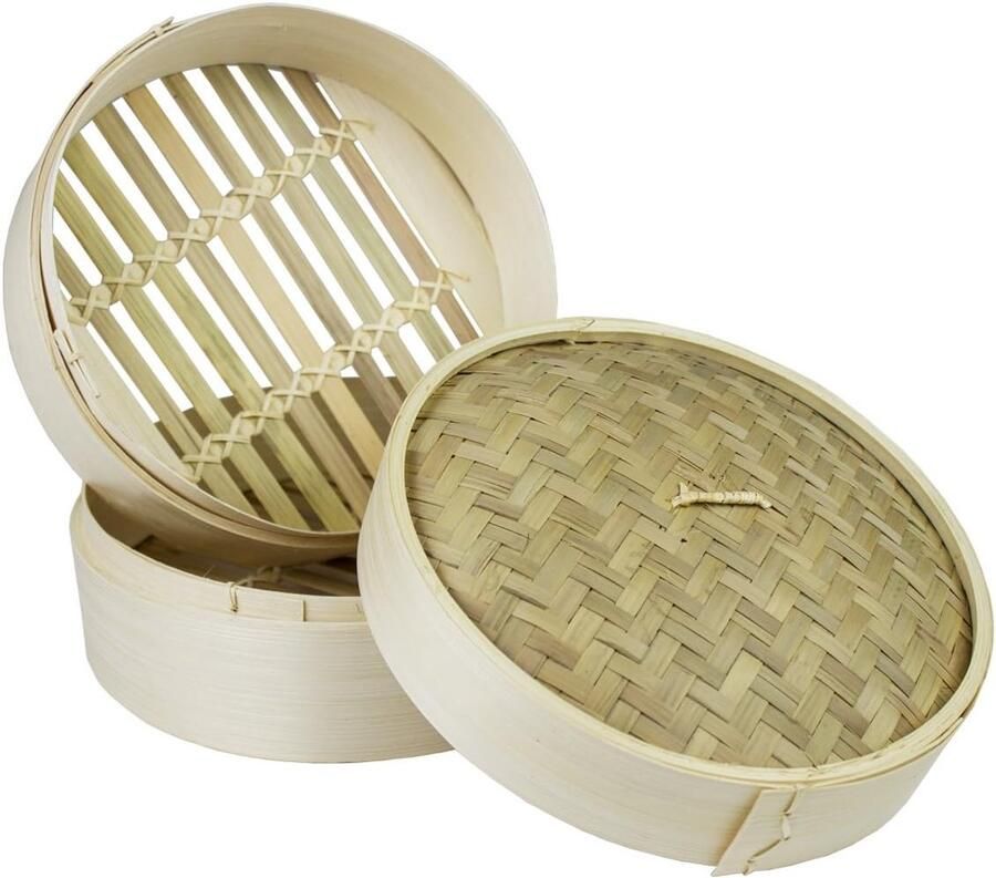 Bamboe stoompan Stoommandjes set Gezond koken Duurzaam materiaal 20 cm diameter Natuurlijk bruin