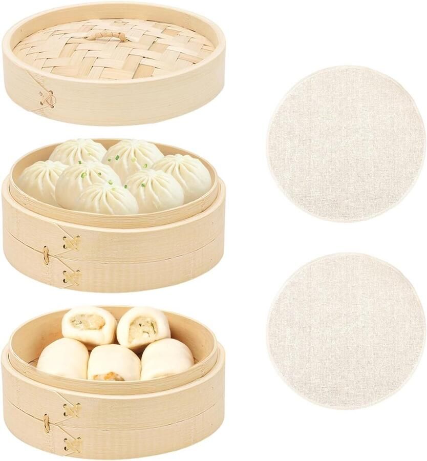 Bamboe Stoompan voor Gezond Koken 2-laags Stoommand met Deksel voor Dim Sum Groenten en Meer 15 cm