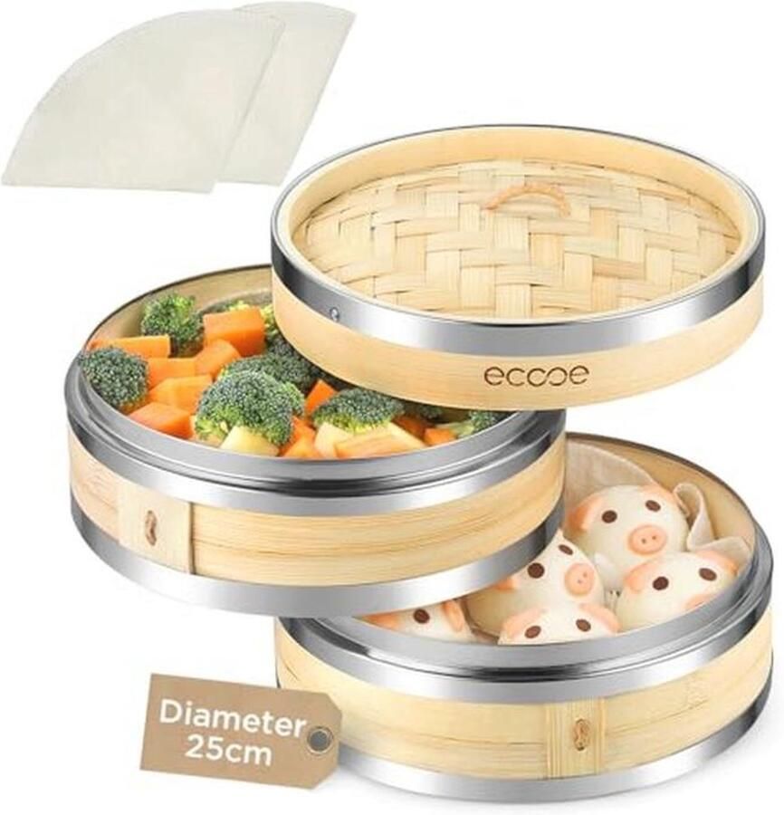 Bamboestomer 2-laags 25 cm stoompan met katoenen doeken