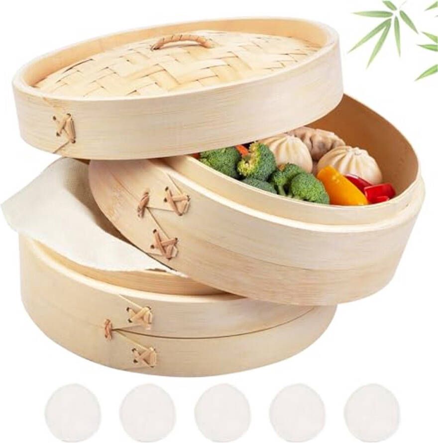 Bamboestomer 20 cm 2-Tier Stomer voor Rijst Dim Sum Groenten Vis en Vlees Dumpling Maker met 5 Katoenen Doeken
