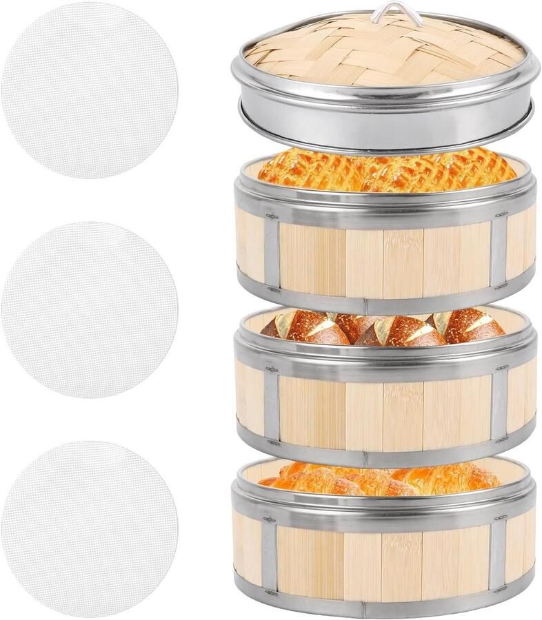 Bamboestomer Set van 3 Stuks met Deksel en Siliconen Pads Ideaal voor Groenten Dumplings en Rijst Stapelbare Stomer met Diameter van 20 cm