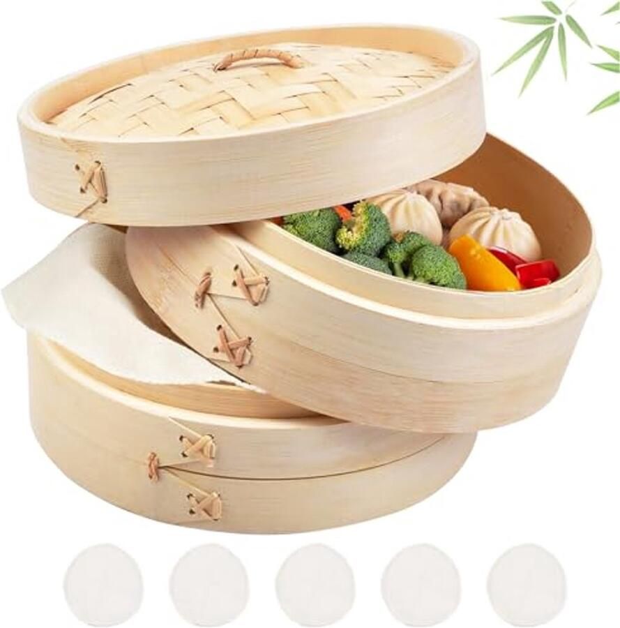 Bamboestoommandje 20 cm 2-laags Stomer voor Rijst Dim Sum Groenten Vis en Vlees Dumpling Maker met Katoenen Doeken