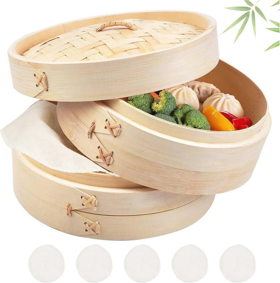Bamboestoommandje 20 cm 2-laags Stomer voor Rijst Dim Sum Groenten Vis en Vlees Dumpling Maker met Katoenen Doeken