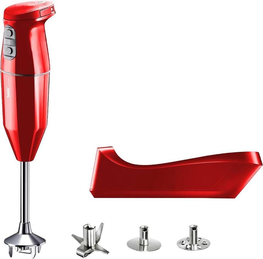 Bamix staafmixer set cordless PLUS snoerloos incl. laadstation Mes Gaatjesschijf Gladde schijf van rvs 250 watt 3 standen Made in Switzerland Rood